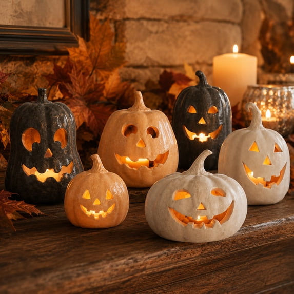 Handcrafted Halloween Lighted Pumpkin Decor, Jack-O'-Lantern with Cutout Details and String Lights for Tabletop, Shelf, Mantel & Home Display