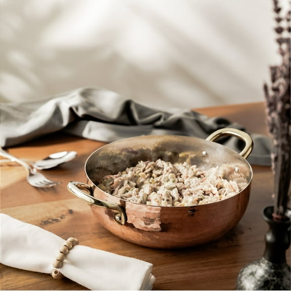 Handcrafted Hammered Deep Copper Cooking Pan Traditional Cookware with Elegant Brass Handles