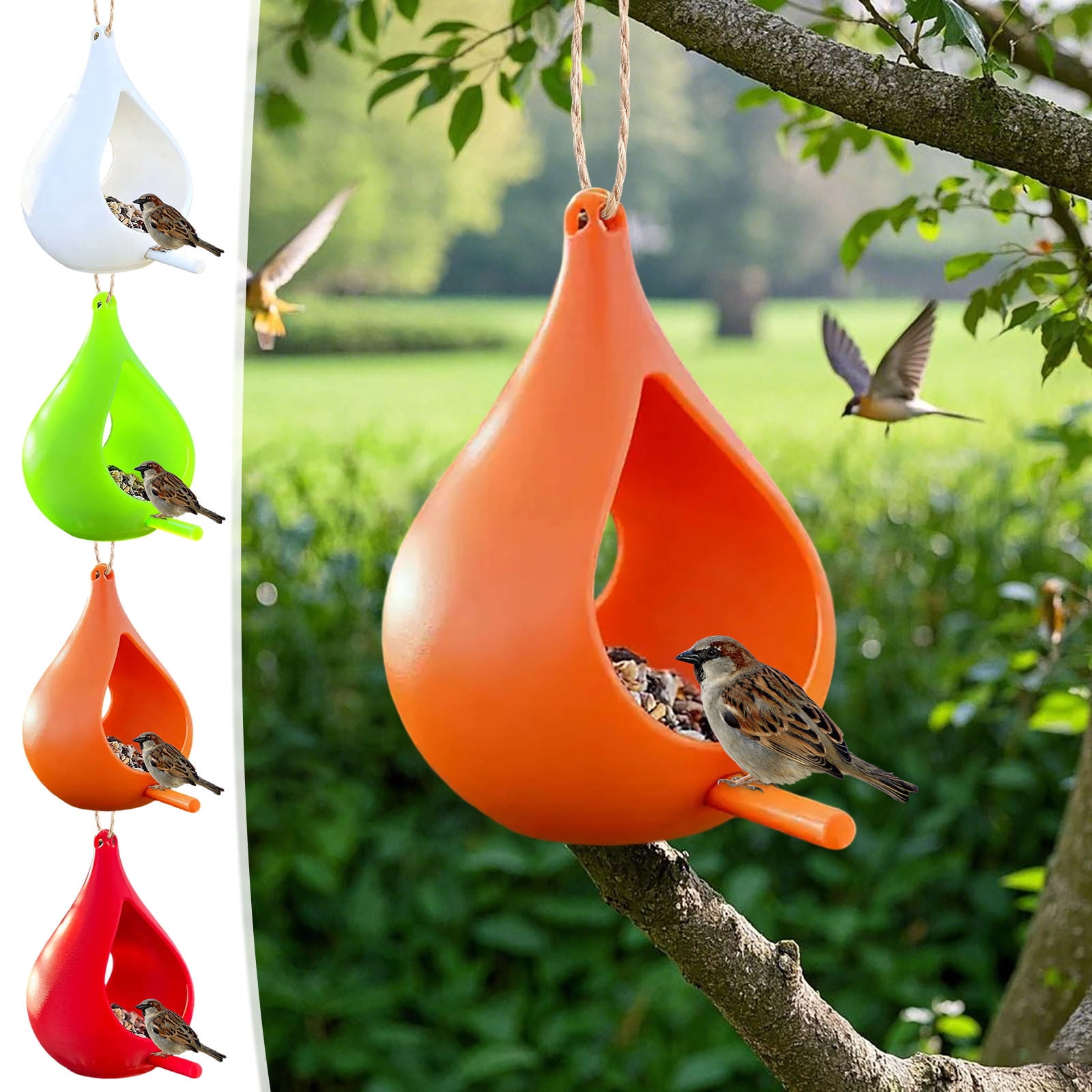 Handcrafted Hanging Fly-Through Feeder for Outdoor Garden & Backyard, Glass Bird Feeder, Decorative Wild Bird Feeder with Steel Wire Cable for Attracting Wilds Birds
