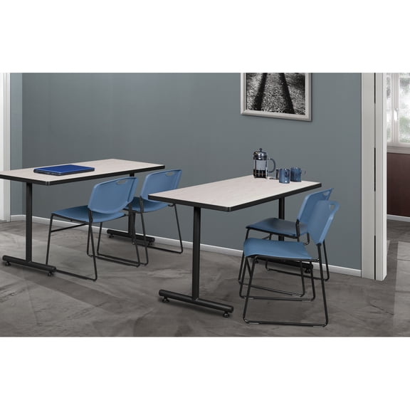 Handcrafted Haven 30" Training Table in Maple with 2 Blue Zeng Stack Chairs Featuring Artisanal Wood Finish and Stackable Comfort Seating