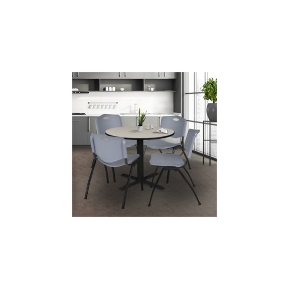 Handcrafted Haven Round Breakroom Table with Maple Laminate Top Chrome Pedestal Base and 4 Grey 'M' Stack Chairs for Lounge or Meeting Rooms