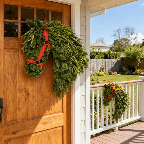Handcrafted Horse Head Wreath – Christmas Equestrian Decor, Rustic Farmhouse Front Door Wreath, Velvet Bow & Greenery, Perfect Holiday Garland for Horse Lovers
