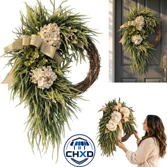 Handcrafted Hydrangea Wreath – The Perfect All-Season Front Door Decor, Pastoral Hydrangea Wreath with White Blossoms & Burlap Bow, Handmade Spring Wreaths for Front Door Porch Wall