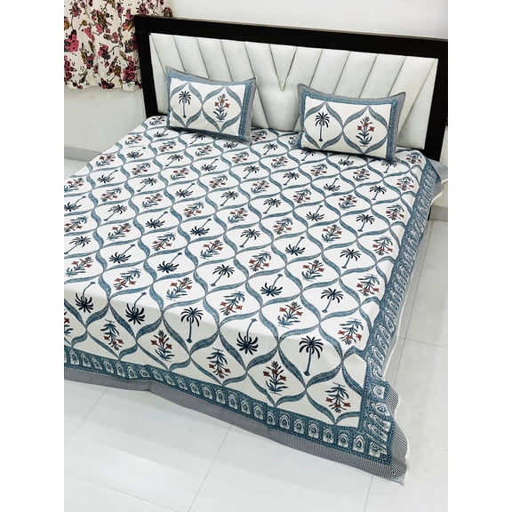 Handcrafted Indian Cotton Bedspread Oversized Queen Ethnic Floral Print Set with Pillow Covers(ARBCA_1393_WH)