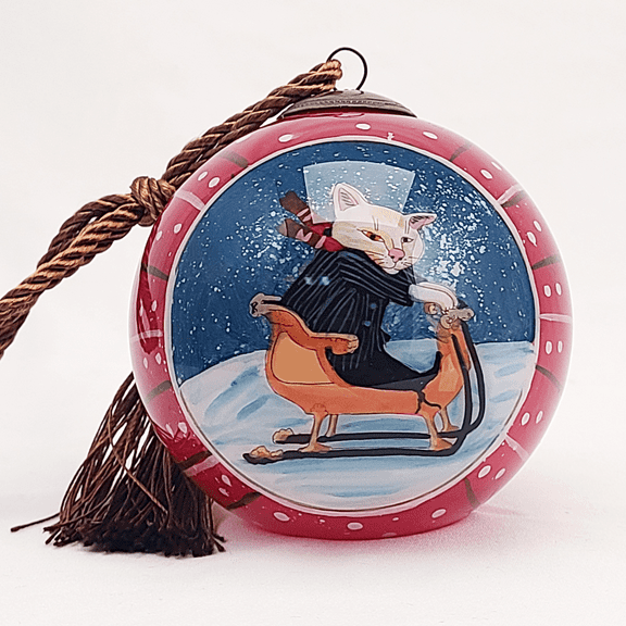 Handcrafted Inside-Painted Glass Ornament with Premium Gift Box - Red-Ski Cat Design