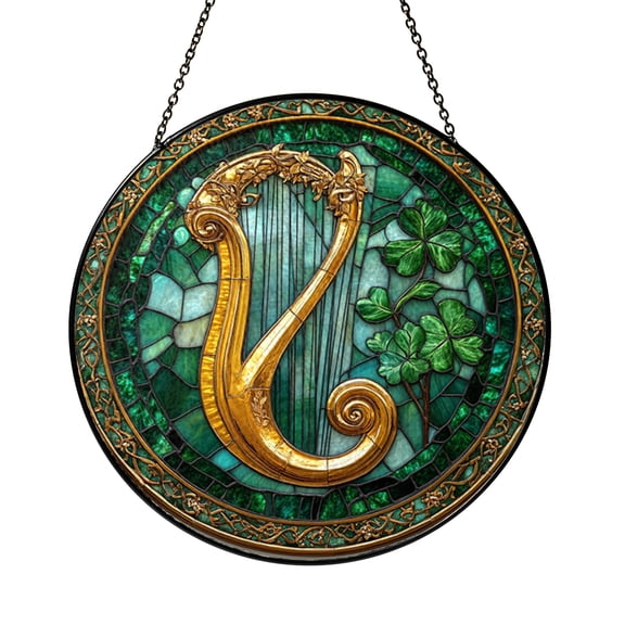 Handcrafted Irish Harp Stained Glass Panel, Shamrock Design Window Art, Unique St. Patrick’s Day Decor Gift
