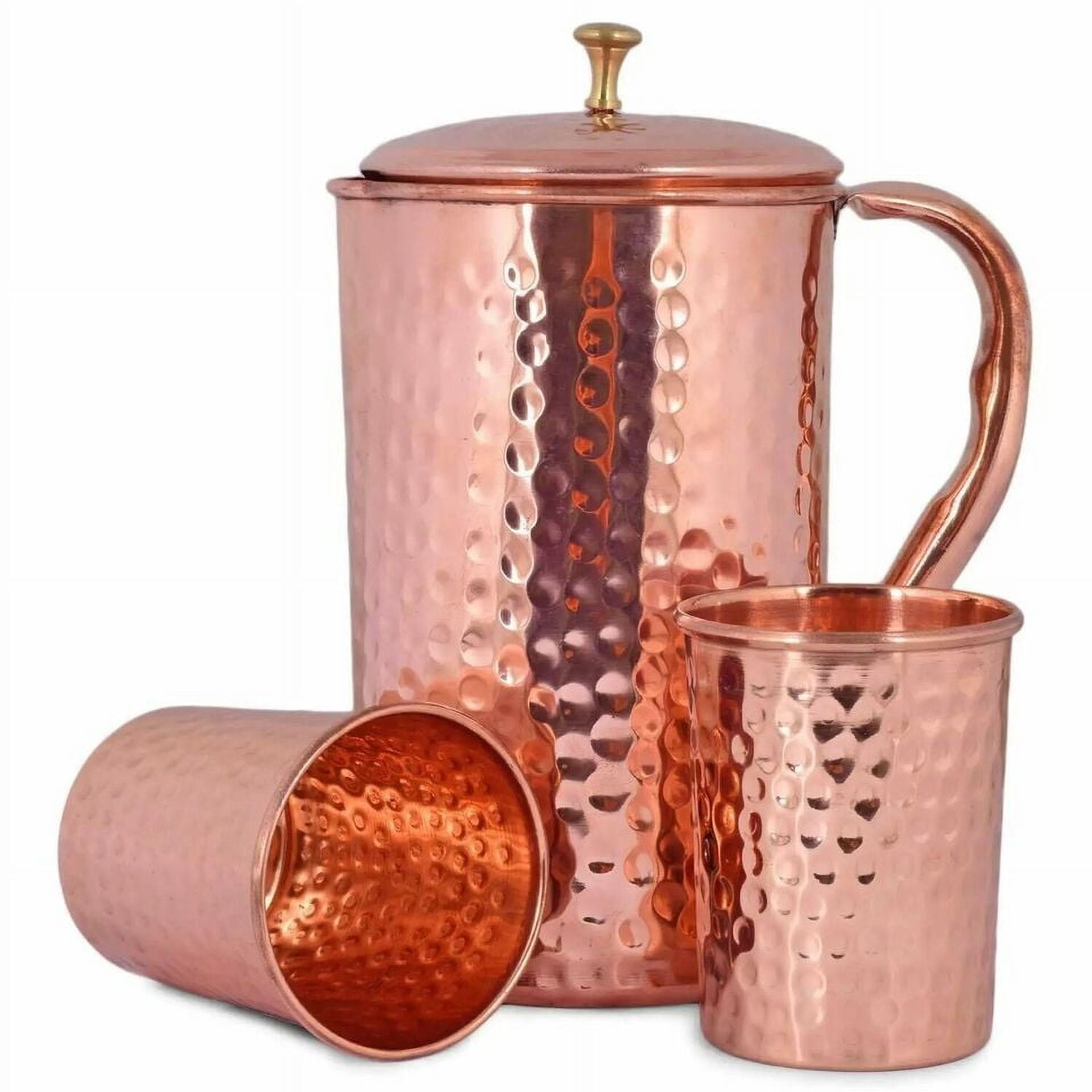 Handcrafted Jug Pitcher with 2 Glass (Tumbler) Drinkware 100% Pure Copper Hammered Health Benefits Yoga (1.5 L, 300 ml)