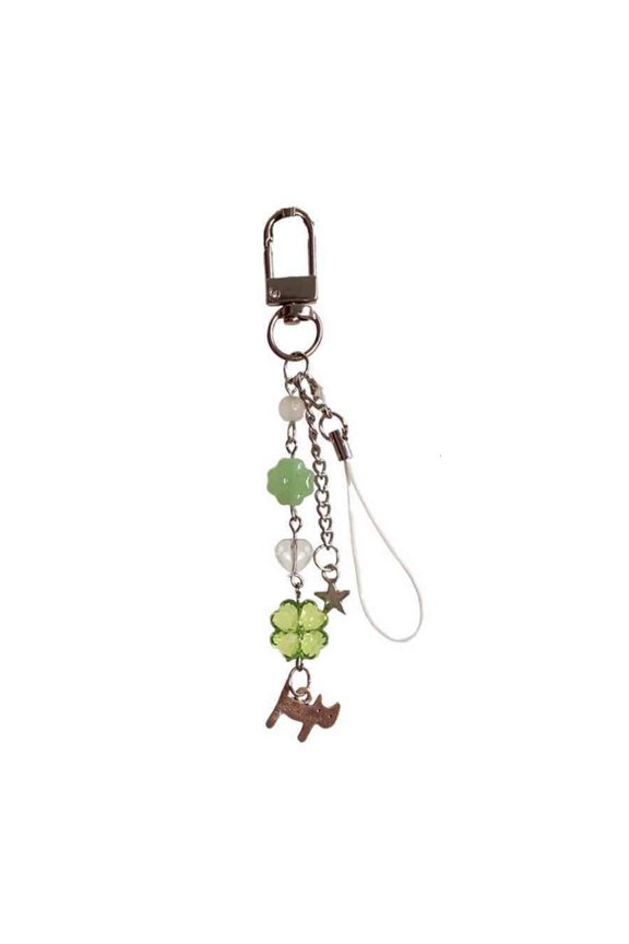 Handcrafted Keychain Beaded Cat Pendant Keyring with Lucky Clovers Accessories