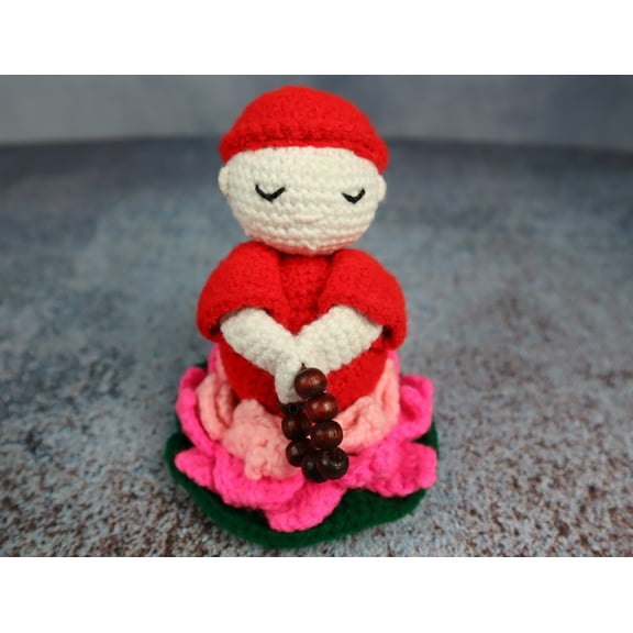 Handcrafted Knitted Buddha, Elegant Red Color Stuffed Monk Toy, Amigurumi Buddha Toy for Gift