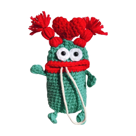Handcrafted Knitted Car Key Case - Cartoon Character Design with Red Flower Decor, Soft Knit Material, Durable Stitching, Drawstring Closure - For Car Owners, Daily Car Key Protection, Universal Fit