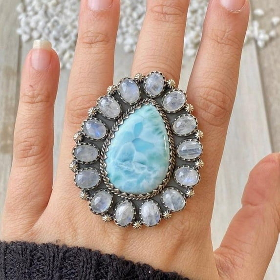 Handcrafted Larimar And Moonstone Statement Ring. made In 925 Sterling Silver. Boho Ring, Two Stone Ring, Boho Jewelry, Gift For Her,.....