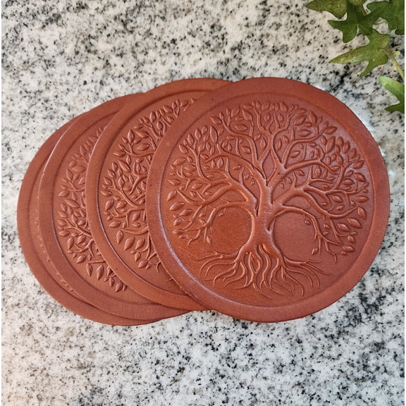 Handcrafted Leather Coasters with Tree of Life Design, 10 oz Premium Brown Leather, Set of 4