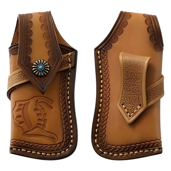 Handcrafted Leather Folding Knife Sheath, Vegetable Tanned Cowhide Holder with Floral Tooling & Concho Button, Belt Loop Design, Large Size Knife Case for Outdoor Hunting Camping