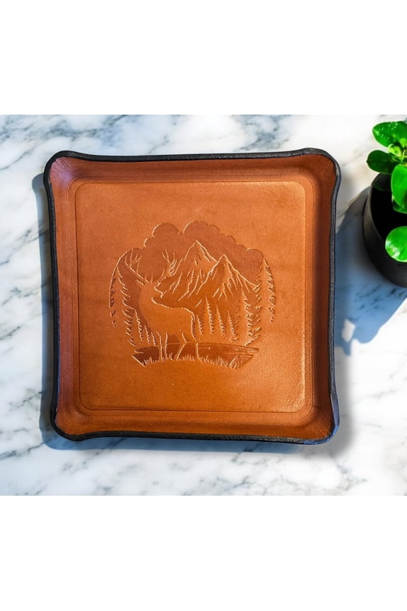 Handcrafted Leather Valet Tray with Mountain Deer Scene, Tan color Premium full grain leather