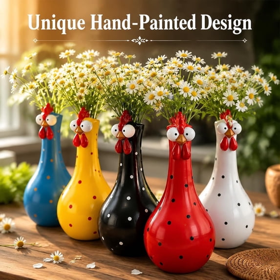 Handcrafted Long‑Neck Chicken Resin Flower Vase,Quirky Multicolored Rooster Tabletop Planter,Compact Decorative Ornament for Living‑Room Shelf Housewarming Holiday Gift