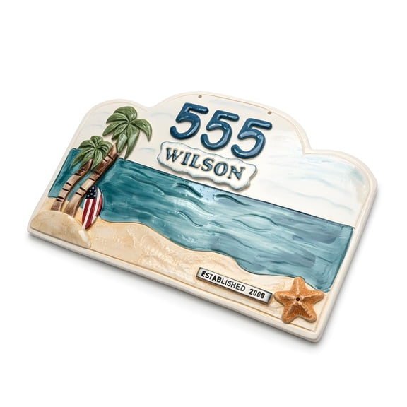 Handcrafted Luxury Coastal Palm Tree Ceramic Address Sign - Personalized Beach House Plaque - Tropical Paradise Custom Family Name & Number Plate - Nautical Outdoor Home Decor