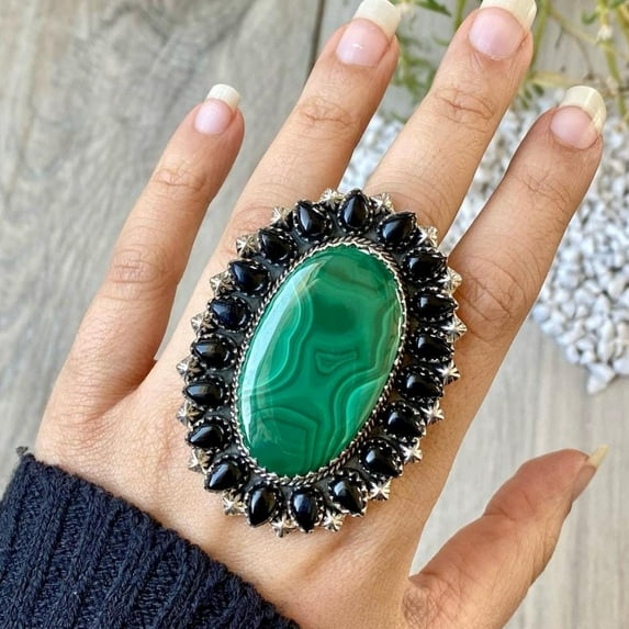 Handcrafted Malachite And Black onyx Statement Ring. made In 925 Sterling Silver. Boho Ring, Two Stone Ring, Boho Jewelry Gift For Her,.....