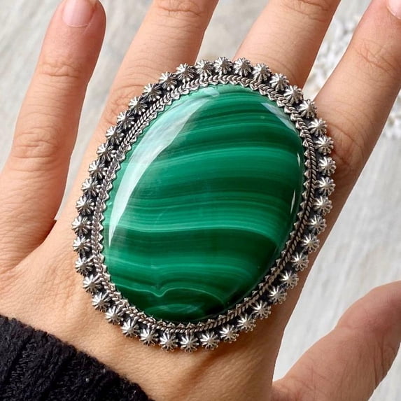 Handcrafted Malachite Gemstone Ring, Statement Ring. made In 925 Sterling Silver. Boho Ring, Green Stone Ring, Boho Jewelry, Gift For Her,..