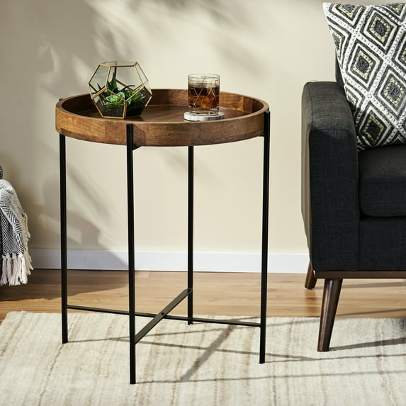 Handcrafted Mango Wood Accent Table With Foldable Iron Legs And Adjustable Wooden Tray, 22in W X D End 22.52" 26.75
