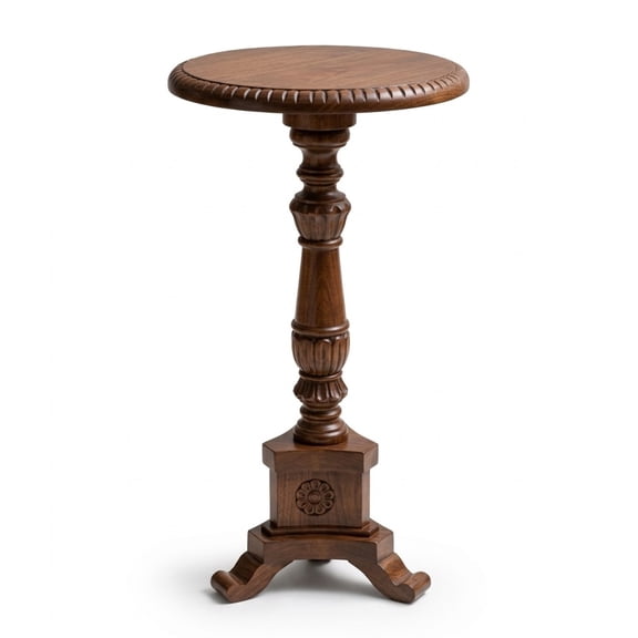 Handcrafted Mango Wood Hand Carving Pedestal Design Round Side Table For Living Room | Bed Room | Sofa Side Table  Home & Balcony Decor Table 12" X 12" X 23" Walnut