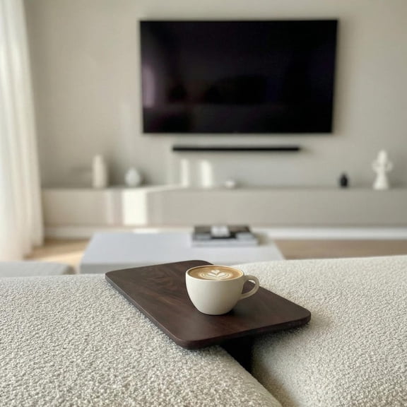 Handcrafted Mango Wood Sofa Arm Table, Walnut Finish Couch Arm Tray, Compact Side Table for Coffee, Snacks and Books