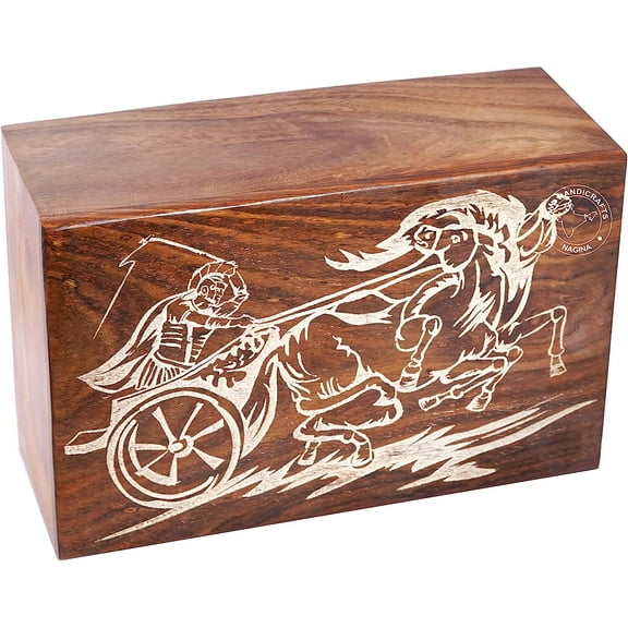 Handcrafted Medieval Ancient Greek Wooden Cremation Urns for Human Ashes Adult Large - Warrior Funeral Urn Box - Burial Urns for Columbarium (250 LB - Rosewood, Running Horse)