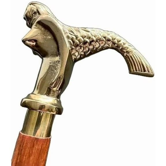Handcrafted Mermaid Cane Unique Brass Handle with Fish Tail Design, Vintage Walking Stick for Men and Women, Elegant Wooden Shaft - 37 Inch