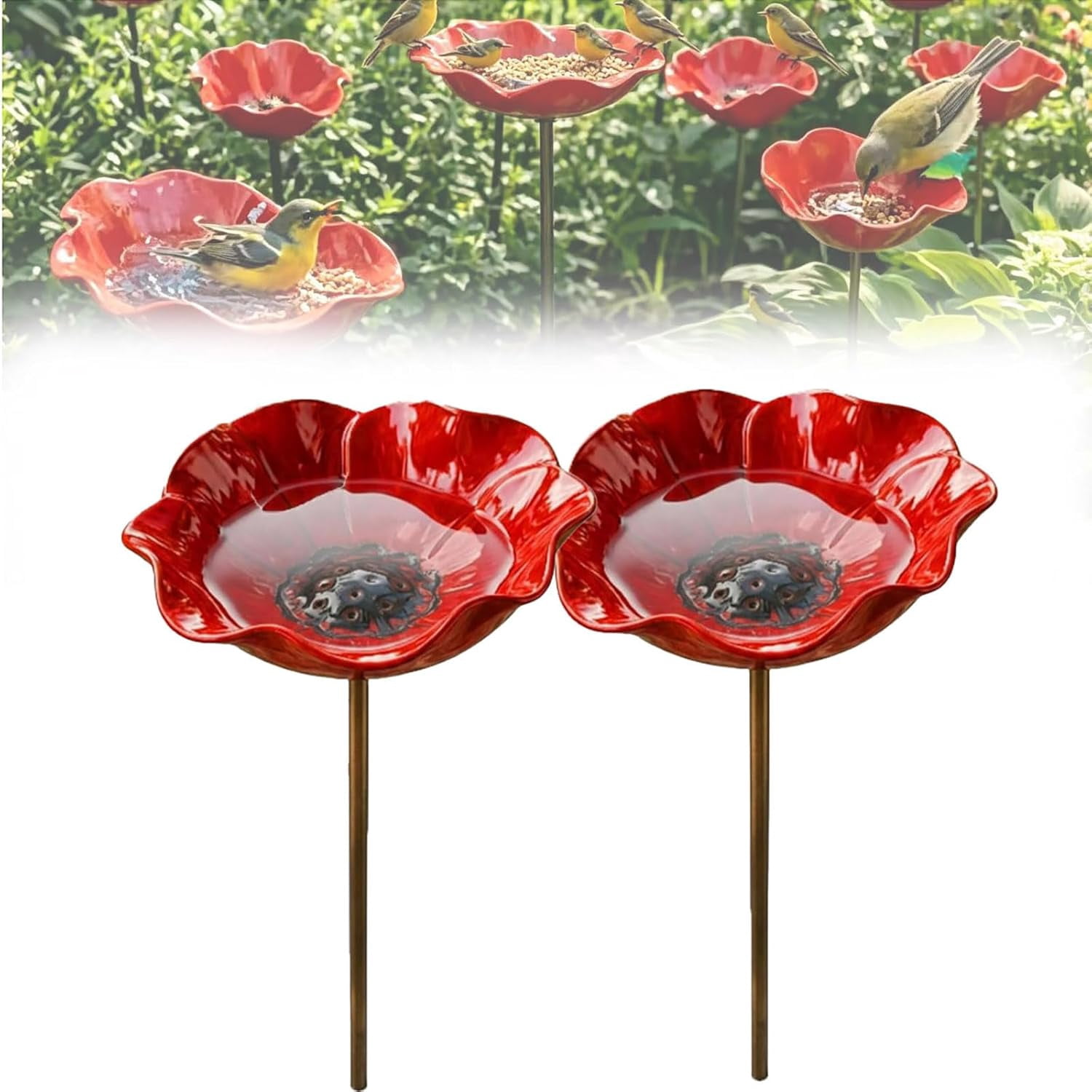 Handcrafted Metal Floral Garden Stake | Bird Bath | Outdoor Bee Watering Station | Pollinator Water Dish | Courtyard Decor & Bird Feeder (2Pieces)