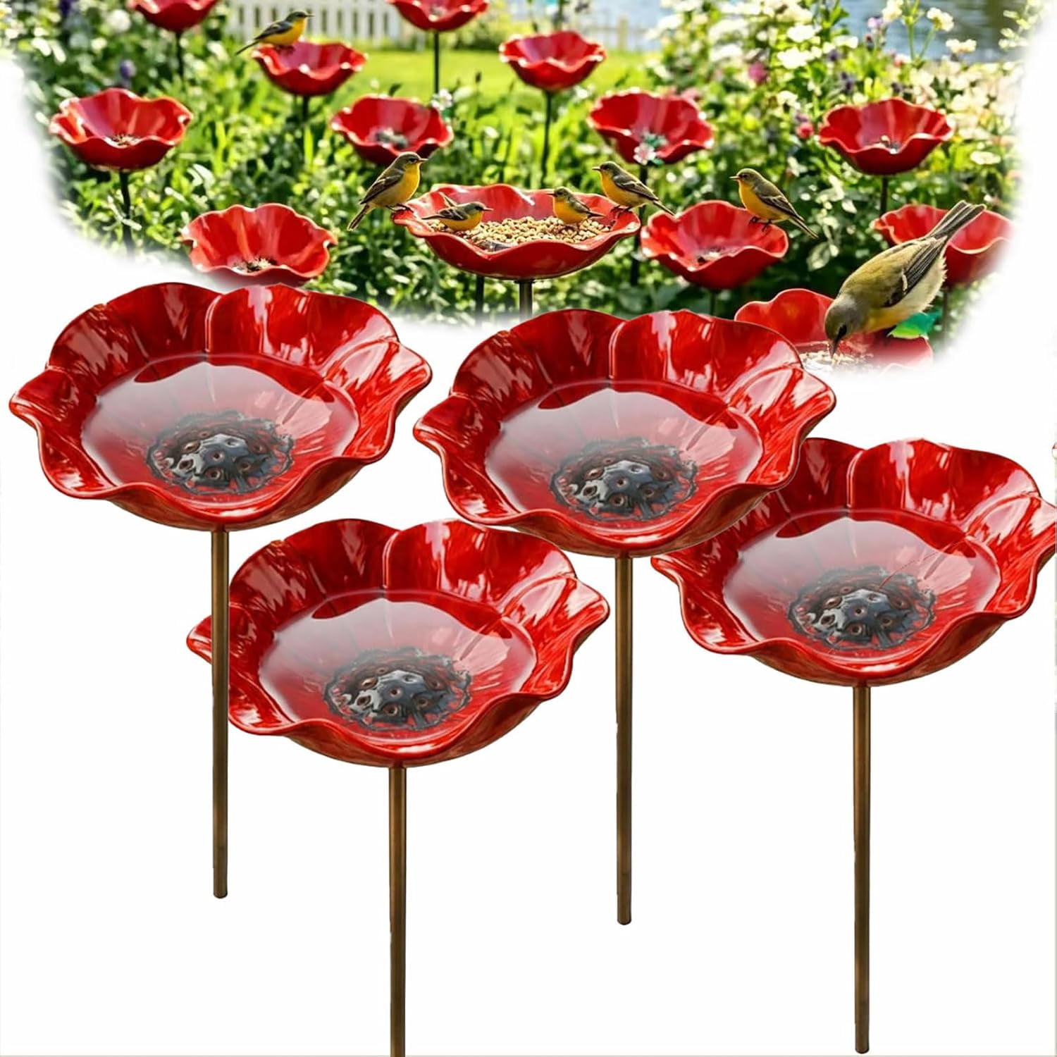 Handcrafted Metal Floral Garden Stake | Bird Bath | Outdoor Bee Watering Station | Pollinator Water Dish | Courtyard Decor & Bird Feeder (4 Pieces)