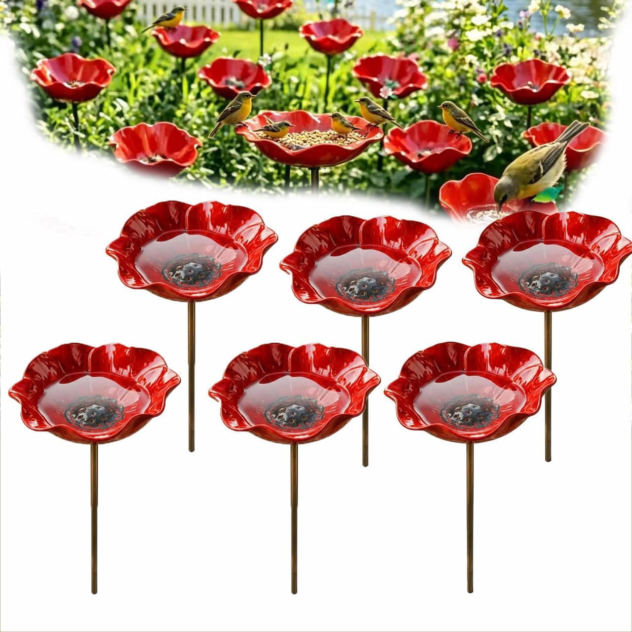 Handcrafted Metal Floral Garden Stake | Bird Bath | Outdoor Bee Watering Station | Pollinator Water Dish | Courtyard Decor & Bird Feeder (6Pieces)