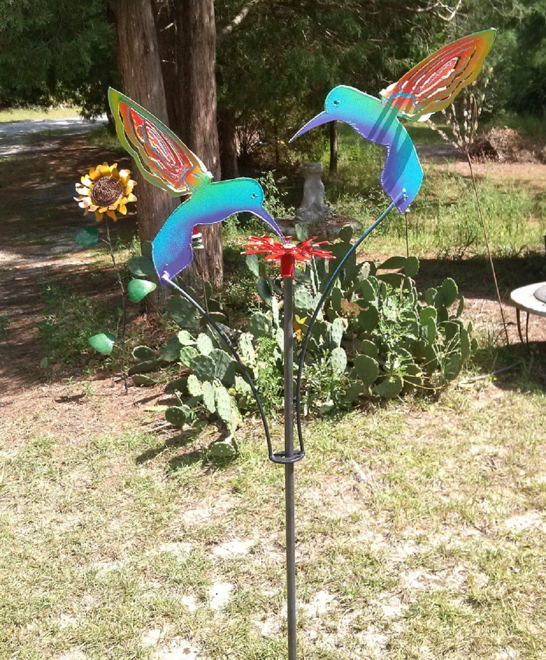 Handcrafted Metal Kinetic Yard Art Garden Sculpture  With 2 Painted Hummingbirds