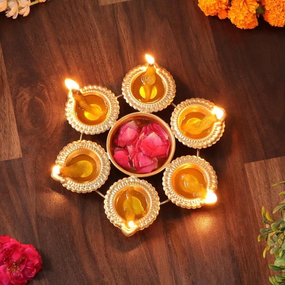 Handcrafted Metal Urli Bowl with 6 Diyas for Floating Flowers & Tea Light Candles Perfect for Home, Office, and Table Decor, Diwali & Christmas Decorations ( 7-Inch )