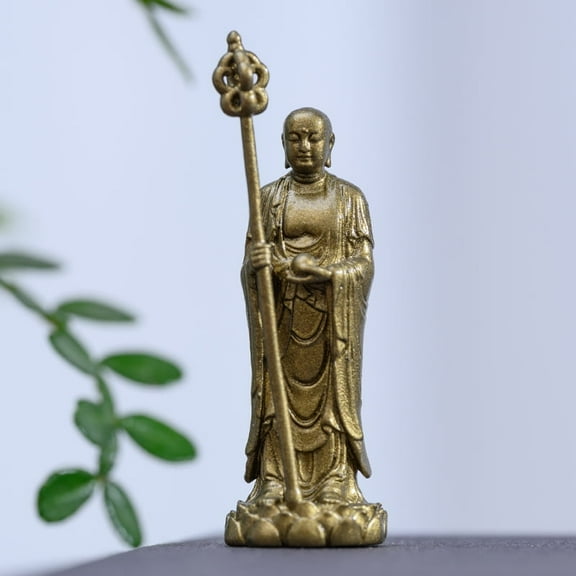 Handcrafted Mini Ksitigarbha Buddha Statue Vintage Brass 1.54in Calm & Comfort Cute Gift for Desk Decor