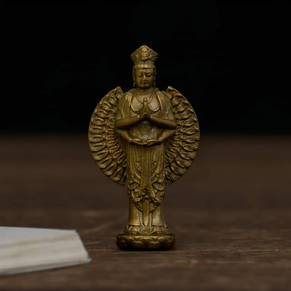 Handcrafted Mini Thousand-Armed Guanyin Buddha Statue Vintage Brass 1.3in Relaxation & Care Cute Gift for Small Spaces