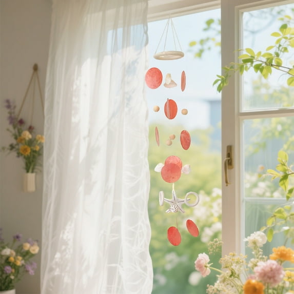 Handcrafted Mirror Wooden Wind Chime Indoor Outdoor Festival Decoration Iridescent Bead Shell Accent Entryway Window Seaside Guesthouse Ornament Relaxing Ambience Home Decor