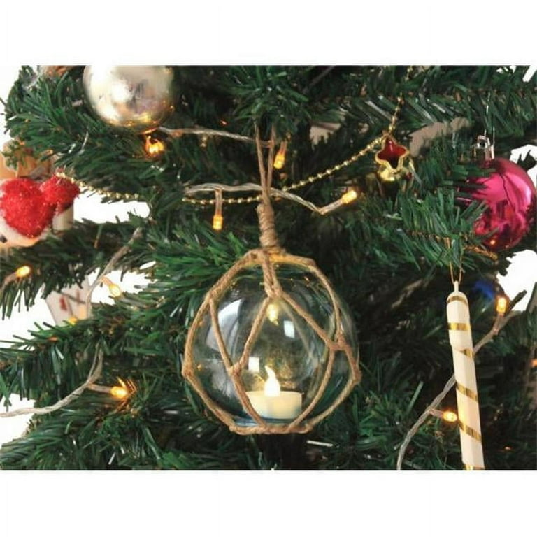 LED Lighted Clear Japanese Glass Ball Fishing Float with Brown Netting Christmas Tree Ornament 3 - 3 L x 3 W x 3 H