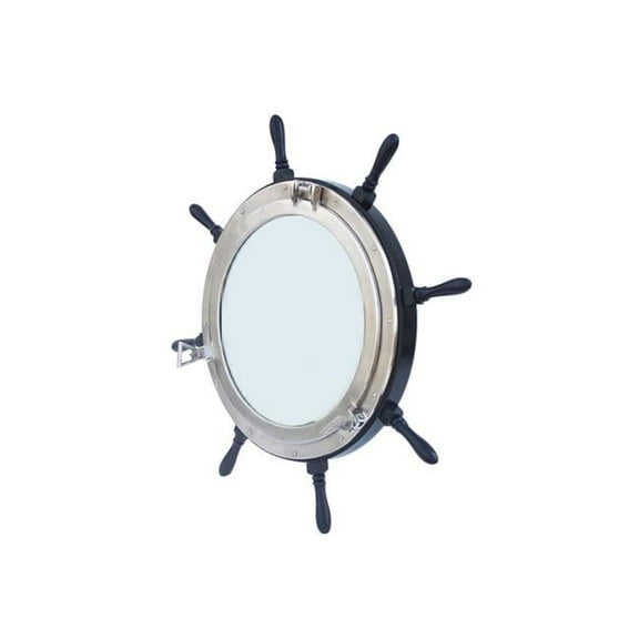 Handcrafted Model Ships SW-36-Mirr-BN 5 x 36 x 36 in. Deluxe Class Wood & Brushed Nickel Ship Wheel Porthole Mirror