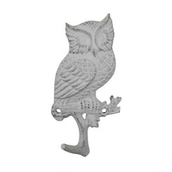 Handcrafted Model Ships K-9932-w 6.5 x 1 x 5 in. Whitewashed Cast Iron Owl Sitting on a Tree Branch Decorative Metal Wall Hooks