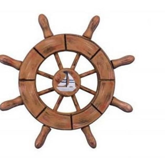 Handcrafted Model Ships SW-6-107-Sailboat-X 6 in. Rustic Wood Finish Decorative Ship Wheel With Sailboat Christmas Tree Ornament