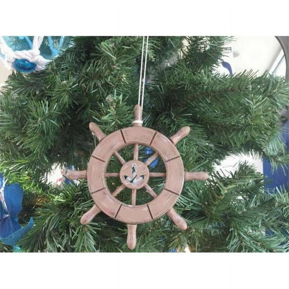 Handcrafted Model Ships SW-6-107-anchor-x 6 in. Rustic Wood Finish Decorative Ship Wheel with Anchor Christmas Tree Ornament