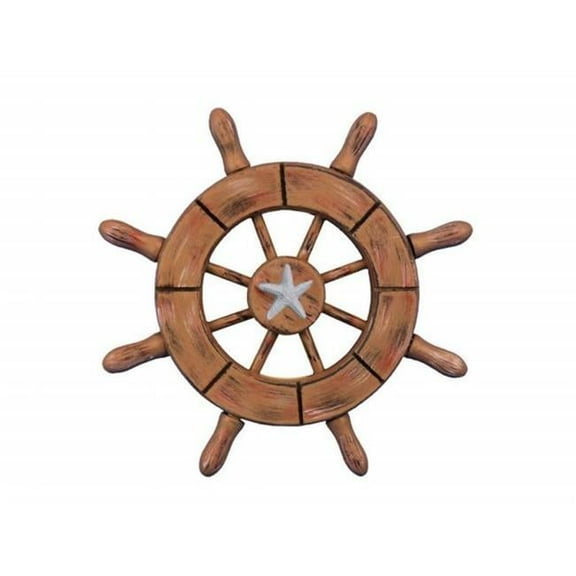 Handcrafted Model Ships SW-6-107-starfish-NH 6 in. Rustic Wood Finish Decorative Ship Wheel with Starfish