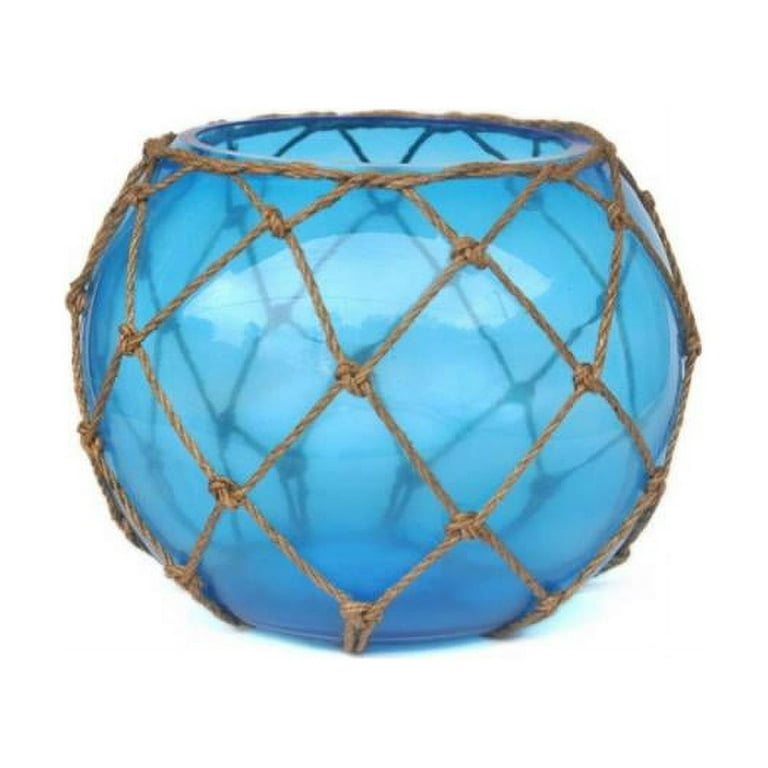 Handcrafted Model Ships Bowl-10-LB-O 10 in. Light Blue Japanese Glass  Fishing Float Bowl with Decorative Brown Fish Netting 