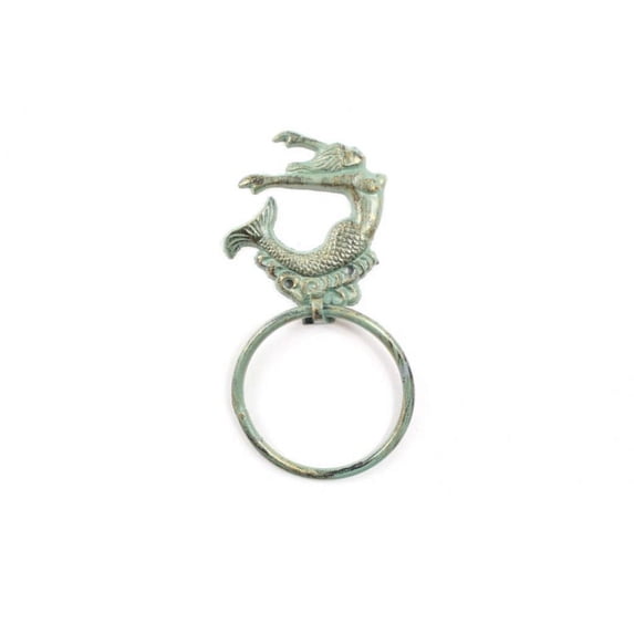 Handcrafted Model Ships Cast Iron Arching Mermaid Towel Holder - Antique Seaworn Bronze - 9 in.