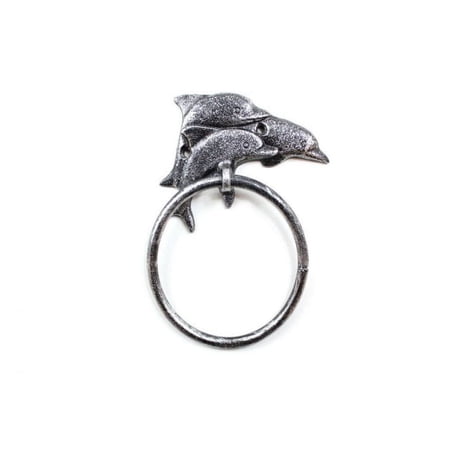 rustic silver cast iron dolphins towel holder 7" - sea life wall decor - coastal living