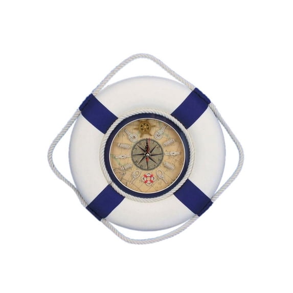 Handcrafted Model Ships New-Lifering-Clock-Blue-12 Classic White Decorative Lifering Clock With Blue Bands 12 in.