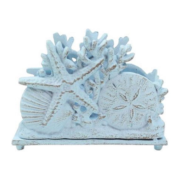 Handcrafted Model Ships K-1408-solid-light-blue Rustic Light Blue Cast Iron Seashell Napkin Holder, 7 in.