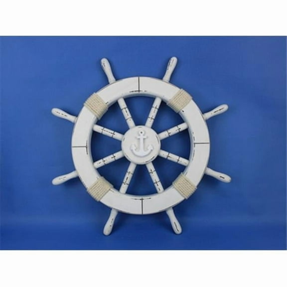 Handcrafted Model Ships Rustic-White-SW-Anchor-18 Rustic White Ship Wheel With Anchor 18 in. Decorative Accent