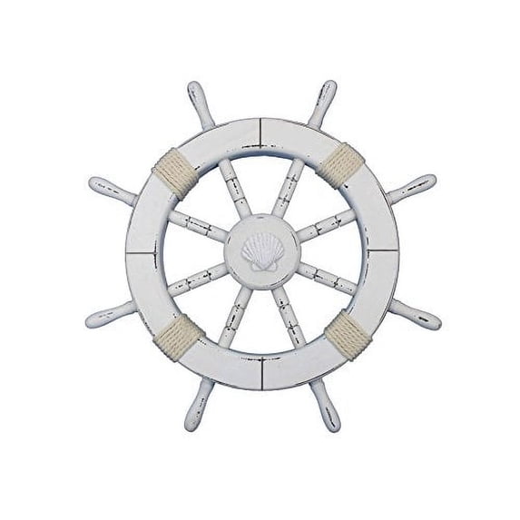 Handcrafted Model Ships Rustic White Ship Wheel with Seashell 18" - Decorative Ship Wheel