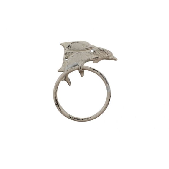 Handcrafted Model Ships Whitewashed Cast Iron Dolphins Towel Holder - 7 in.