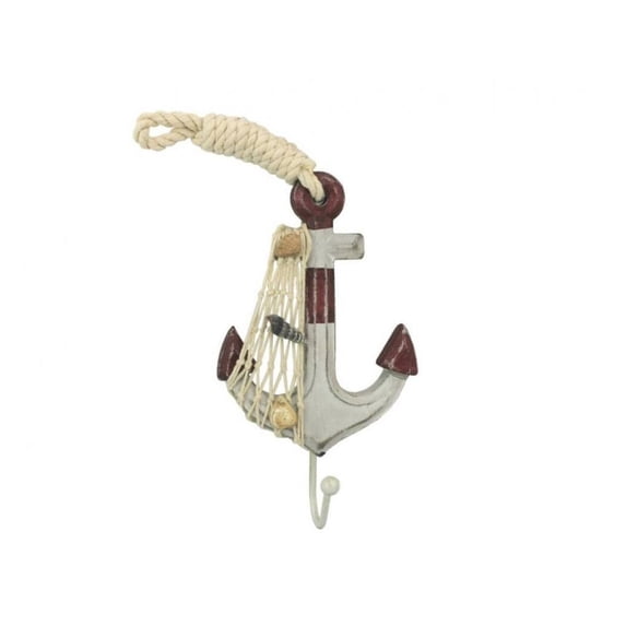 Handcrafted Model Ships Wooden Rustic Decorative Red and White Anchor with Hook 7" - Nautical Decoratio